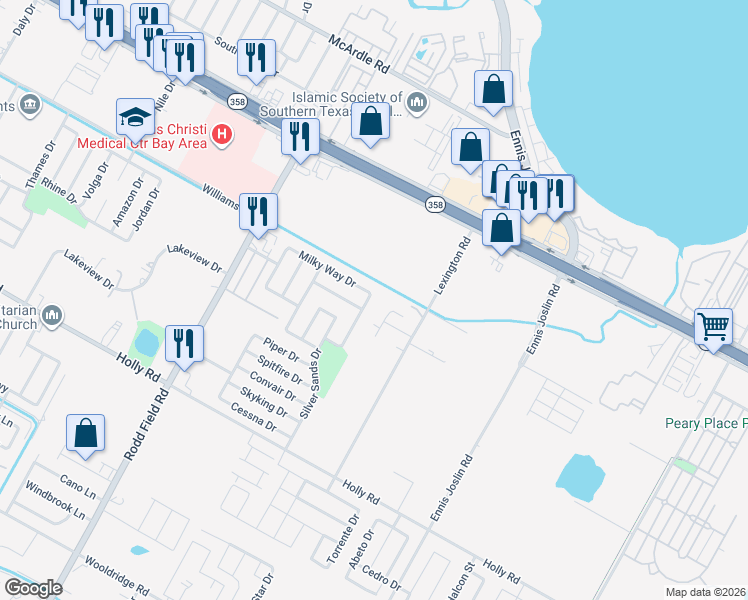 map of restaurants, bars, coffee shops, grocery stores, and more near 1710 Dawn Breeze Drive in Corpus Christi
