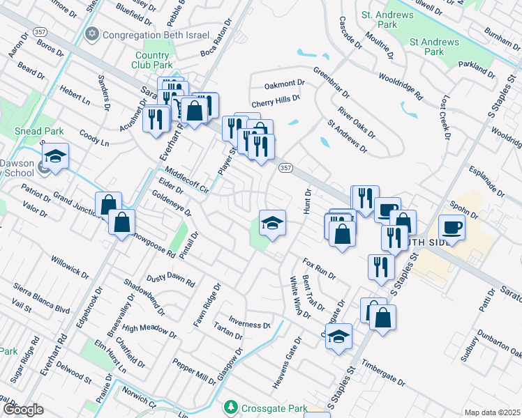 map of restaurants, bars, coffee shops, grocery stores, and more near 6543 Long Meadow Drive in Corpus Christi