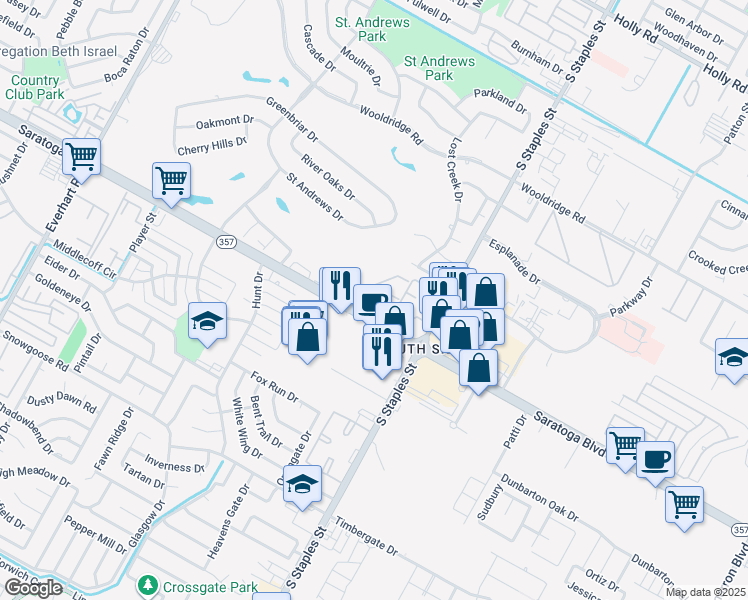 map of restaurants, bars, coffee shops, grocery stores, and more near 5500 Saratoga Boulevard in Corpus Christi