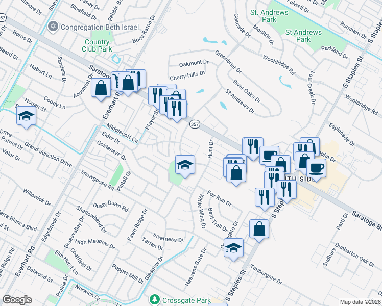 map of restaurants, bars, coffee shops, grocery stores, and more near 6650 Long Meadow Drive in Corpus Christi