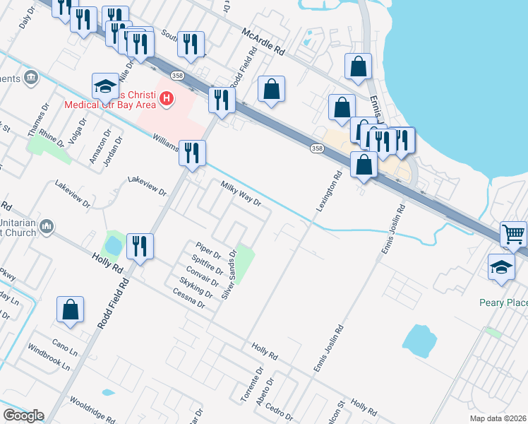 map of restaurants, bars, coffee shops, grocery stores, and more near 7445 Whisper Wind Drive in Corpus Christi