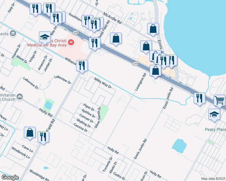 map of restaurants, bars, coffee shops, grocery stores, and more near 7445 Whisper Wind Drive in Corpus Christi