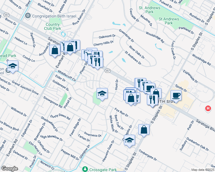 map of restaurants, bars, coffee shops, grocery stores, and more near 6650 Long Meadow Drive in Corpus Christi