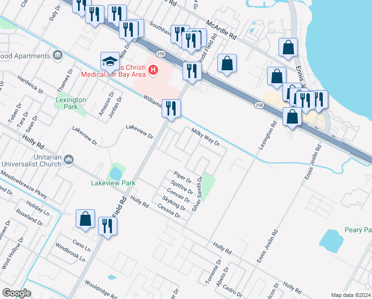 map of restaurants, bars, coffee shops, grocery stores, and more near 1742 Sun Beam Drive in Corpus Christi