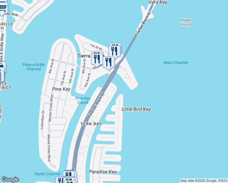 map of restaurants, bars, coffee shops, grocery stores, and more near 363 Pinellas Bayway South in Tierra Verde