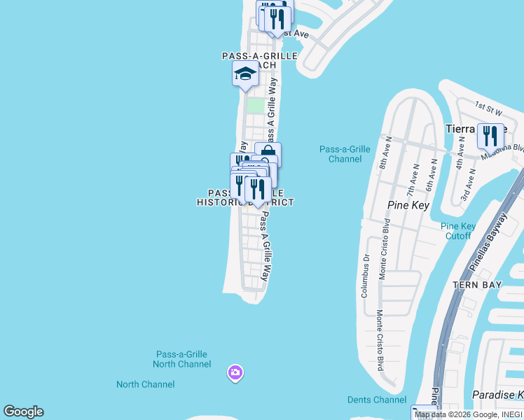map of restaurants, bars, coffee shops, grocery stores, and more near 702 Pass a Grille Way in St. Pete Beach