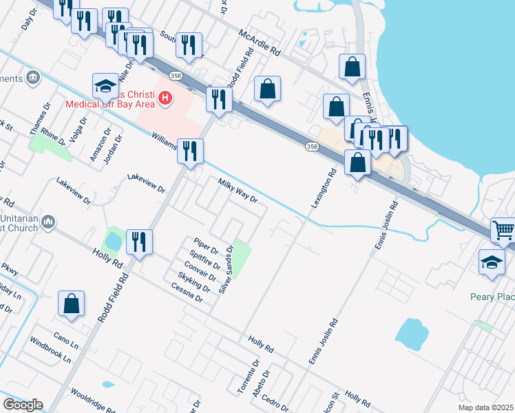 map of restaurants, bars, coffee shops, grocery stores, and more near 7441 Milky Way Drive in Corpus Christi