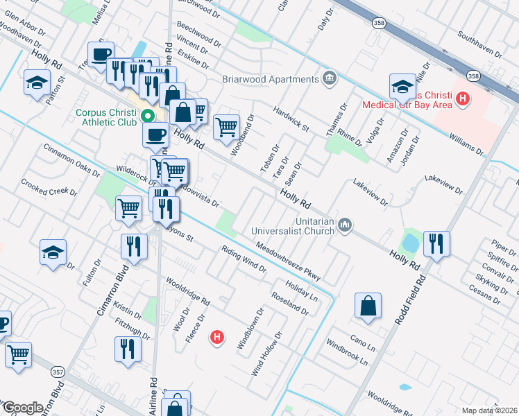 map of restaurants, bars, coffee shops, grocery stores, and more near 2129 Meadowview Drive in Corpus Christi