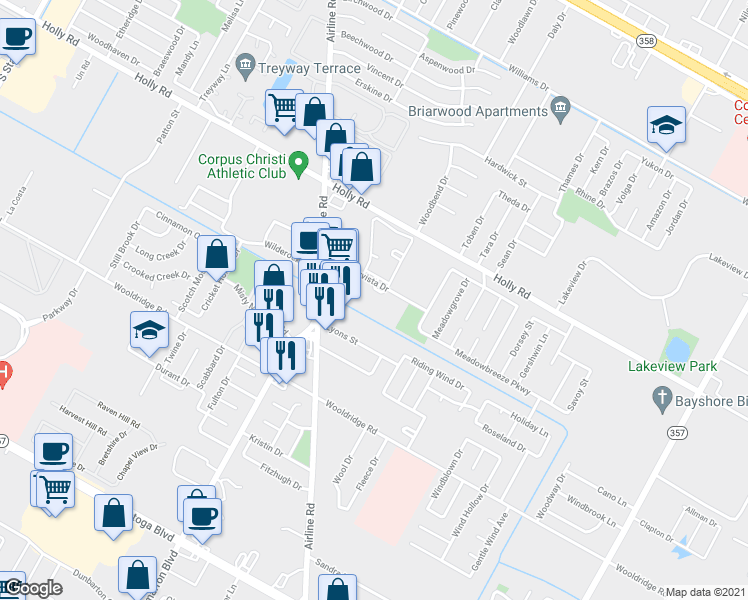 map of restaurants, bars, coffee shops, grocery stores, and more near 2306 Airline Road in Corpus Christi