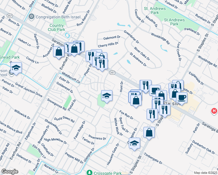 map of restaurants, bars, coffee shops, grocery stores, and more near 6650 Long Meadow Drive in Corpus Christi