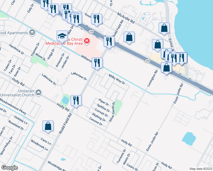 map of restaurants, bars, coffee shops, grocery stores, and more near 1738 Sun Beam Drive in Corpus Christi