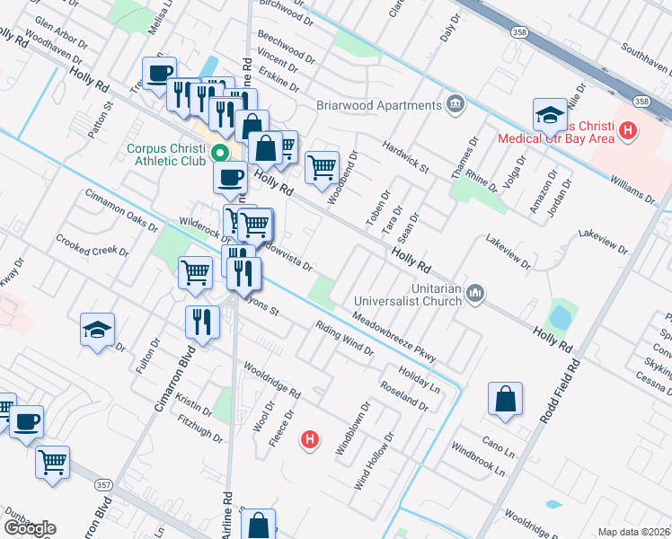 map of restaurants, bars, coffee shops, grocery stores, and more near 2210 Meadowlight Parkway in Corpus Christi