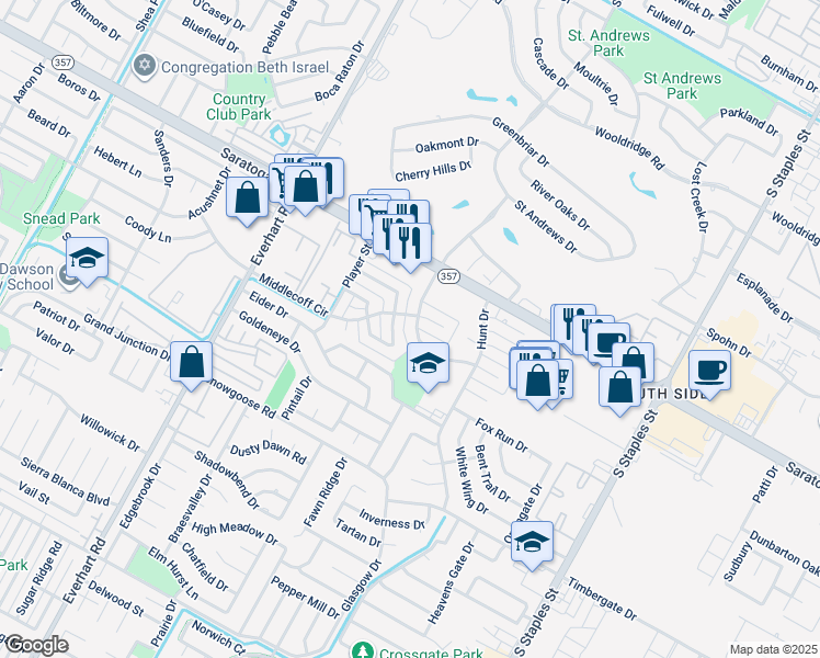 map of restaurants, bars, coffee shops, grocery stores, and more near 6543 Long Meadow Drive in Corpus Christi