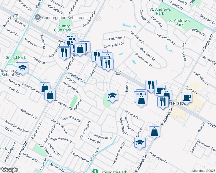 map of restaurants, bars, coffee shops, grocery stores, and more near 6543 Long Meadow Drive in Corpus Christi