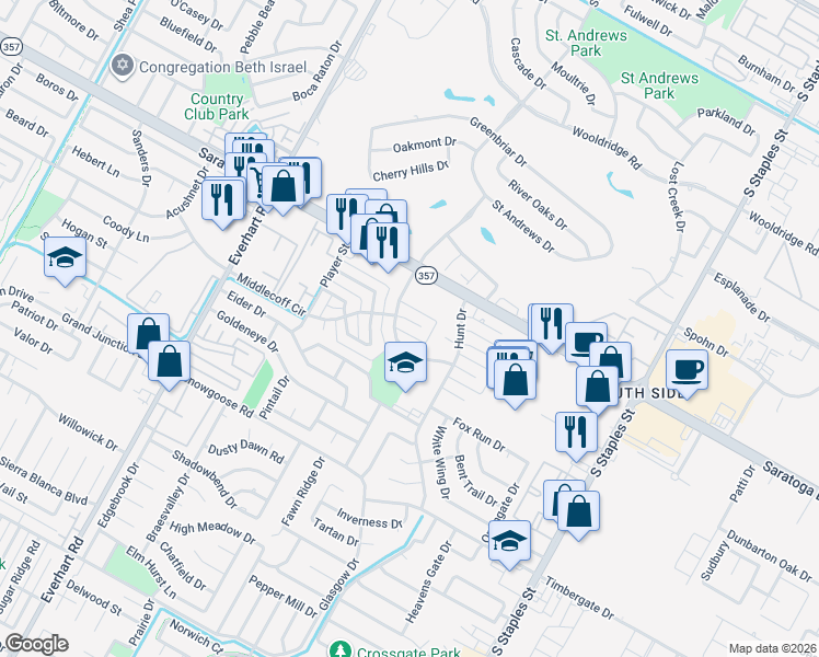 map of restaurants, bars, coffee shops, grocery stores, and more near 6543 Long Meadow Drive in Corpus Christi