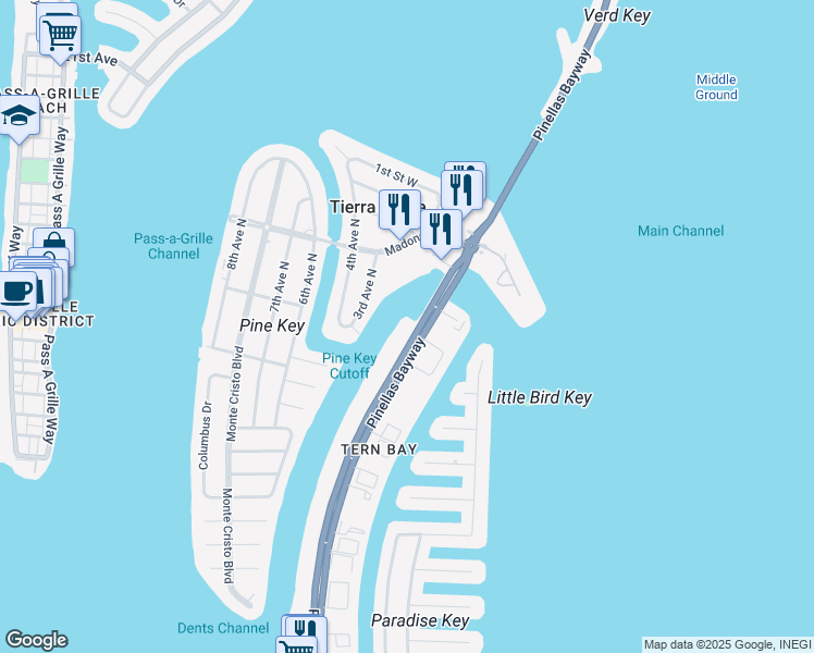 map of restaurants, bars, coffee shops, grocery stores, and more near 340 Pinellas Bayway South in Saint Petersburg