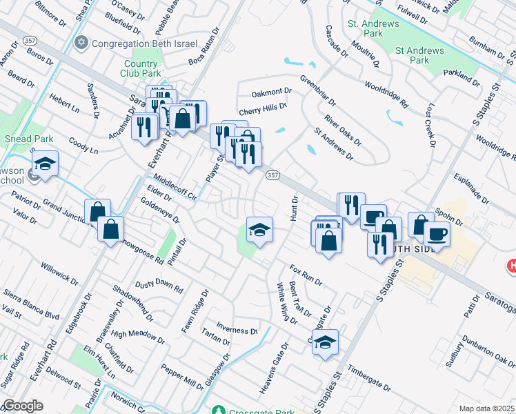 map of restaurants, bars, coffee shops, grocery stores, and more near 6521 Long Meadow Drive in Corpus Christi