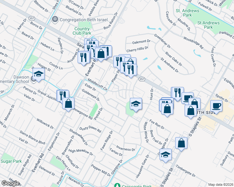 map of restaurants, bars, coffee shops, grocery stores, and more near 5026 Middlecoff Circle in Corpus Christi
