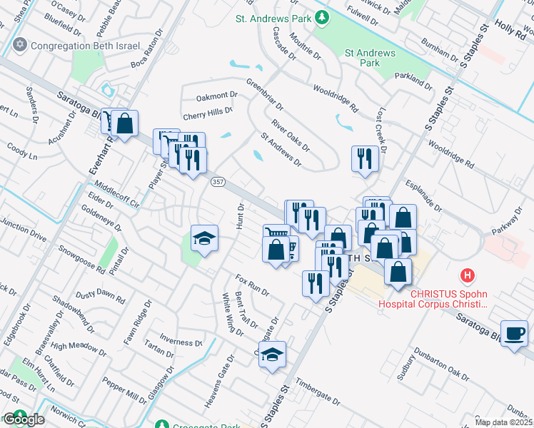 map of restaurants, bars, coffee shops, grocery stores, and more near 5426 Adair Drive in Corpus Christi