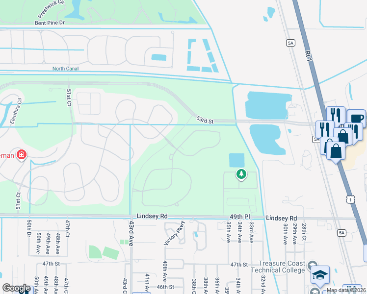 map of restaurants, bars, coffee shops, grocery stores, and more near 53rd Street in Vero Beach