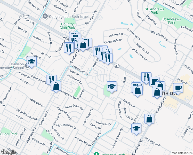 map of restaurants, bars, coffee shops, grocery stores, and more near 5026 Middlecoff Circle in Corpus Christi