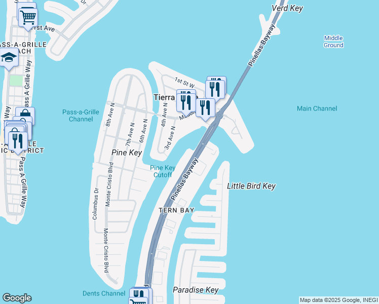 map of restaurants, bars, coffee shops, grocery stores, and more near 340 Pinellas Bayway South in St. Petersburg