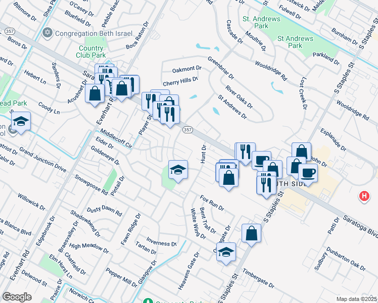 map of restaurants, bars, coffee shops, grocery stores, and more near 5166 Middlecoff Circle in Corpus Christi