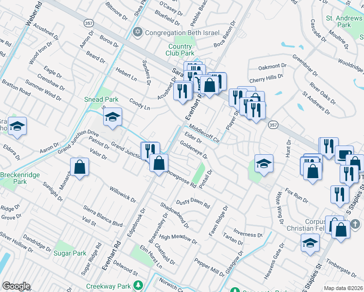 map of restaurants, bars, coffee shops, grocery stores, and more near 4817 Eider Drive in Corpus Christi