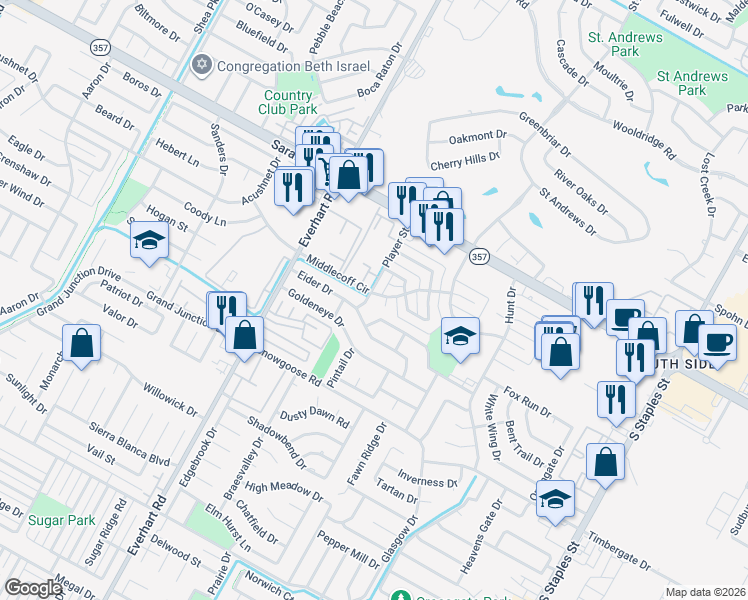 map of restaurants, bars, coffee shops, grocery stores, and more near 6610 Player Street in Corpus Christi