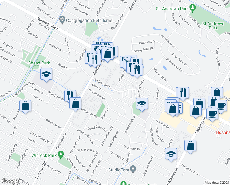 map of restaurants, bars, coffee shops, grocery stores, and more near 5001 Middlecoff Circle in Corpus Christi