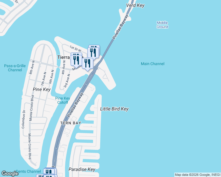 map of restaurants, bars, coffee shops, grocery stores, and more near 135 1st Street East in Tierra Verde