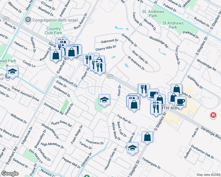map of restaurants, bars, coffee shops, grocery stores, and more near 5166 Middlecoff Circle in Corpus Christi