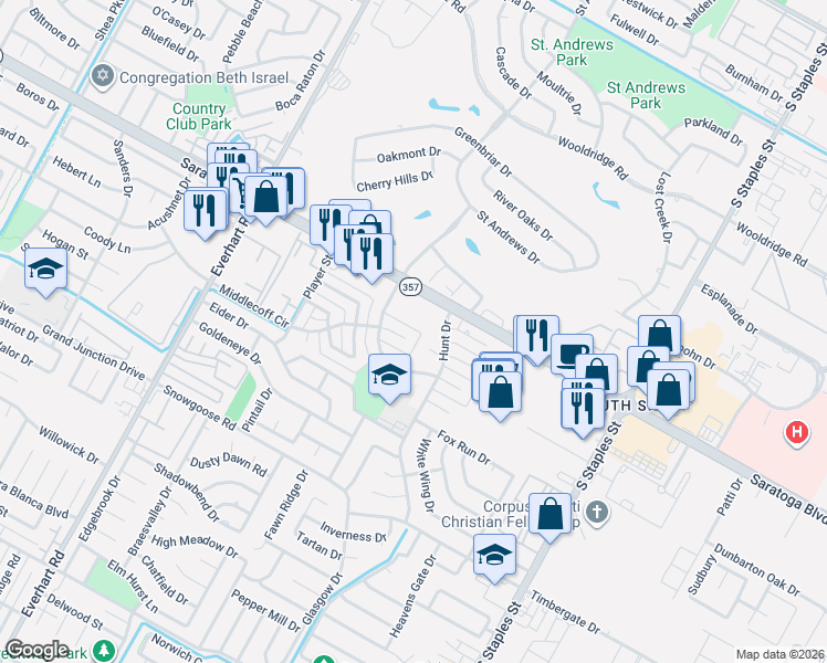 map of restaurants, bars, coffee shops, grocery stores, and more near 5166 Middlecoff Circle in Corpus Christi