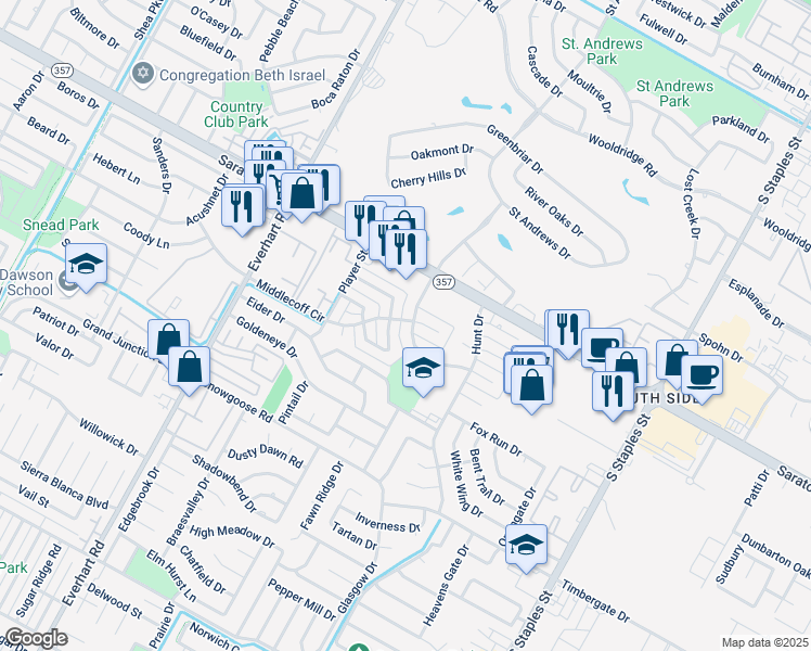 map of restaurants, bars, coffee shops, grocery stores, and more near 6521 Long Meadow Drive in Corpus Christi