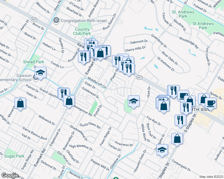 map of restaurants, bars, coffee shops, grocery stores, and more near 6610 Player Street in Corpus Christi