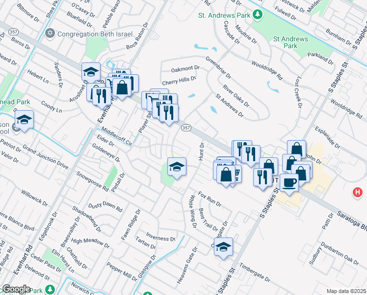 map of restaurants, bars, coffee shops, grocery stores, and more near 5142 Middlecoff Road in Corpus Christi