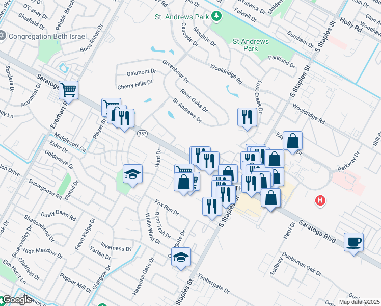 map of restaurants, bars, coffee shops, grocery stores, and more near 5402 Saratoga Boulevard in Corpus Christi