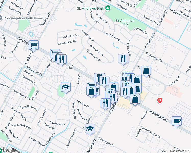 map of restaurants, bars, coffee shops, grocery stores, and more near 5402 Saratoga Boulevard in Corpus Christi