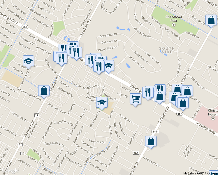 map of restaurants, bars, coffee shops, grocery stores, and more near 5166 Middlecoff Circle in Corpus Christi