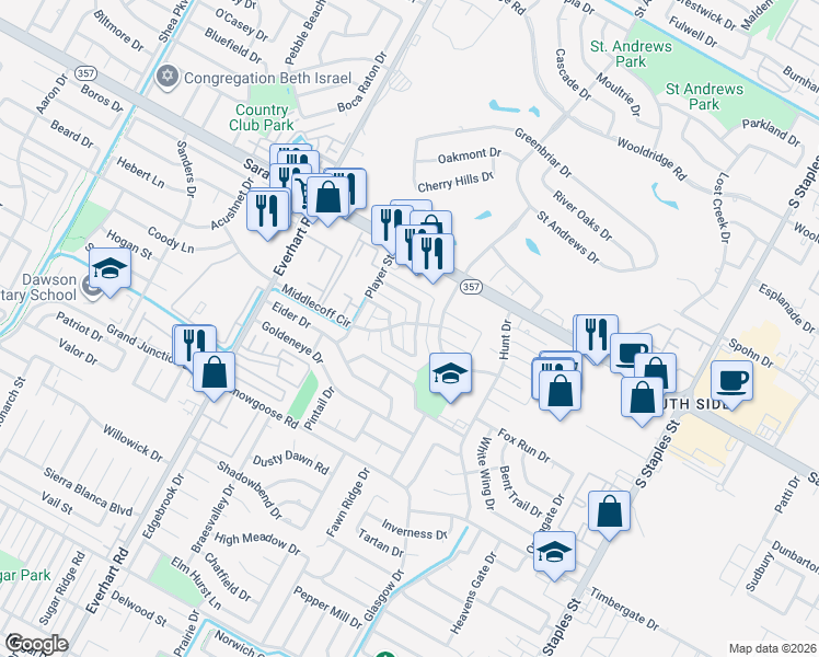 map of restaurants, bars, coffee shops, grocery stores, and more near 5026 Middlecoff Circle in Corpus Christi