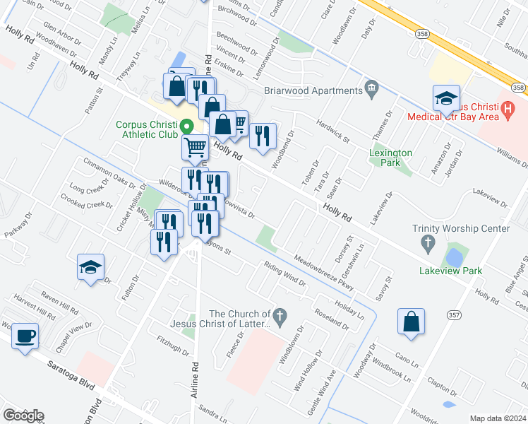map of restaurants, bars, coffee shops, grocery stores, and more near 6410 Meadowvista Drive in Corpus Christi