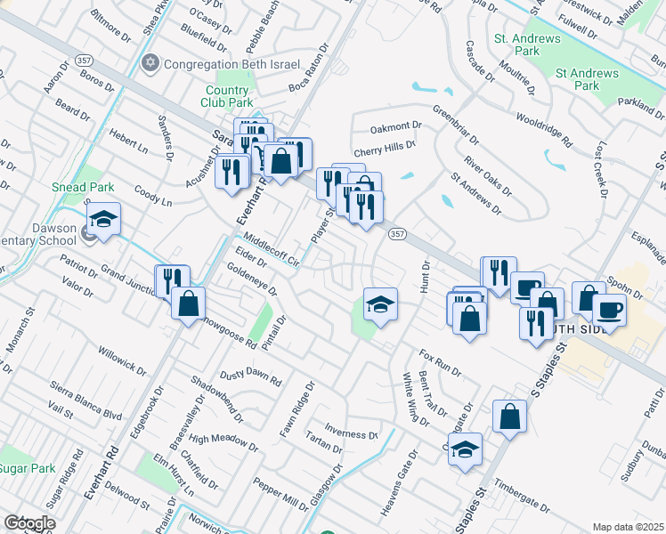 map of restaurants, bars, coffee shops, grocery stores, and more near 5026 Middlecoff Circle in Corpus Christi