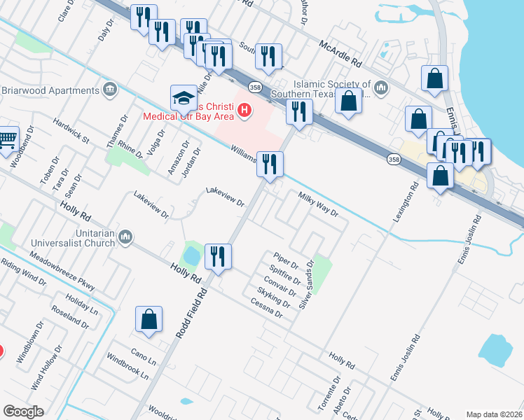 map of restaurants, bars, coffee shops, grocery stores, and more near 7201 Sparkle Sea Drive in Corpus Christi
