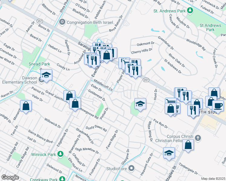 map of restaurants, bars, coffee shops, grocery stores, and more near 6610 Player Street in Corpus Christi