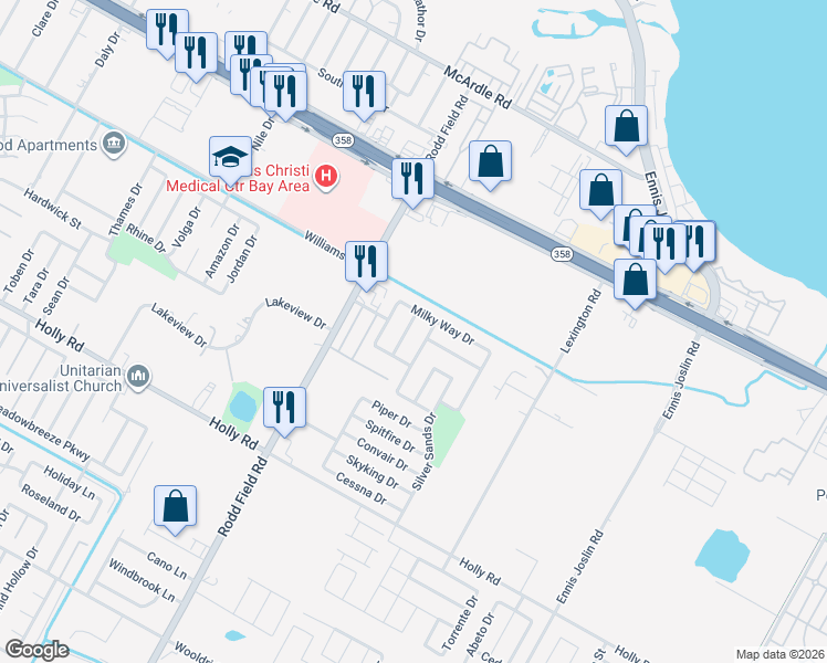map of restaurants, bars, coffee shops, grocery stores, and more near 1713 Star Cove Drive in Corpus Christi