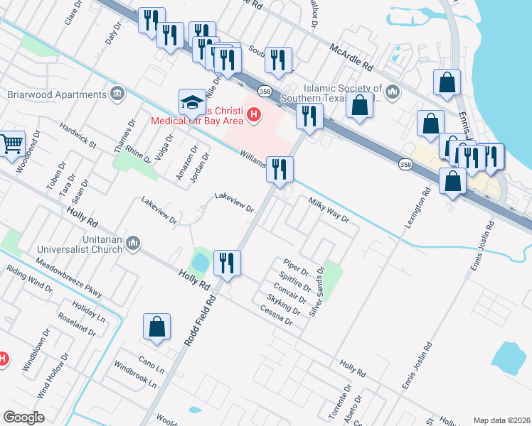 map of restaurants, bars, coffee shops, grocery stores, and more near 7201 Sparkle Sea Drive in Corpus Christi