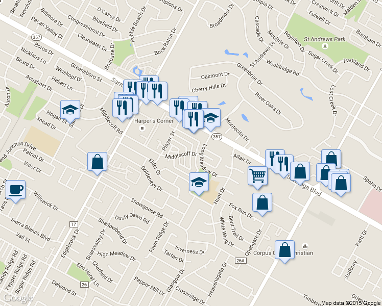 map of restaurants, bars, coffee shops, grocery stores, and more near 5026 Middlecoff Circle in Corpus Christi