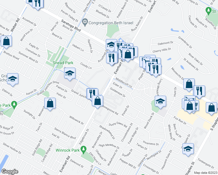 map of restaurants, bars, coffee shops, grocery stores, and more near 6702 Everhart Road in Corpus Christi
