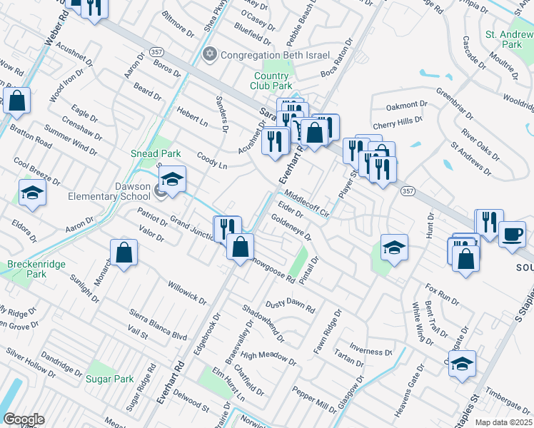 map of restaurants, bars, coffee shops, grocery stores, and more near 6702 Everhart Road in Corpus Christi