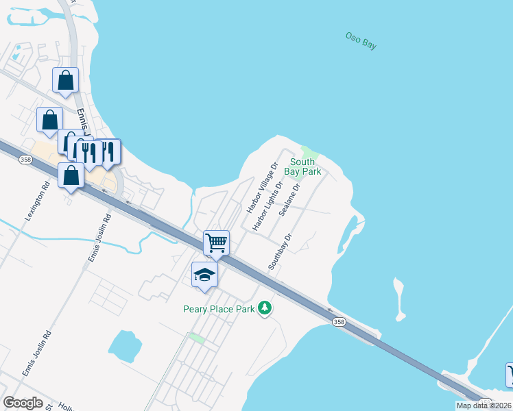 map of restaurants, bars, coffee shops, grocery stores, and more near 1221 Harbor Village Drive in Corpus Christi